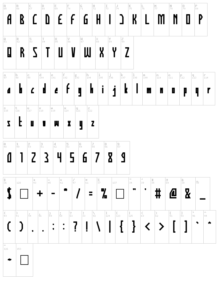 Human Alter Ego font map